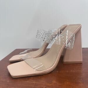 MUDD Y2K Clear Rhinestone Nude Clear Square Toe Chunky Heels Womens 7